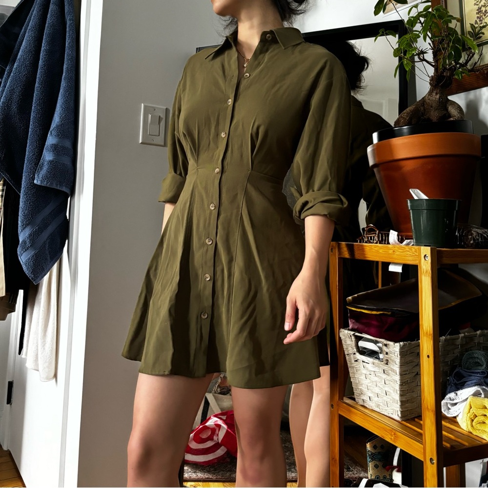 zara army green shirt dress with waist tie nwt